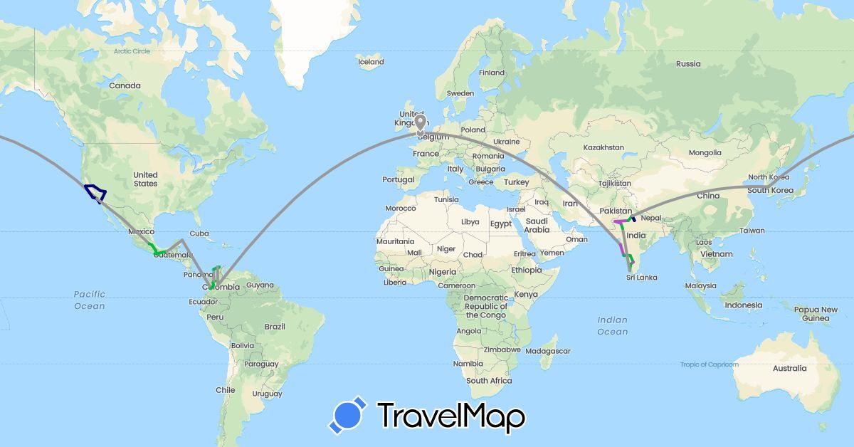TravelMap itinerary: driving, bus, plane, train, boat in Colombia, United Kingdom, India, South Korea, Mexico, United States (Asia, Europe, North America, South America)